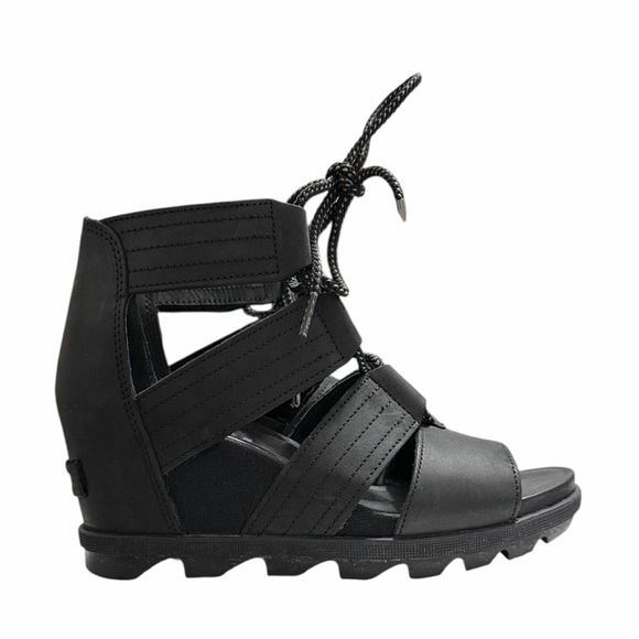Sorel Joanie II Lace-Up Black Leather Wedge Sandals Womens Size 8 Nubuck Leather - Picture 1 of 10